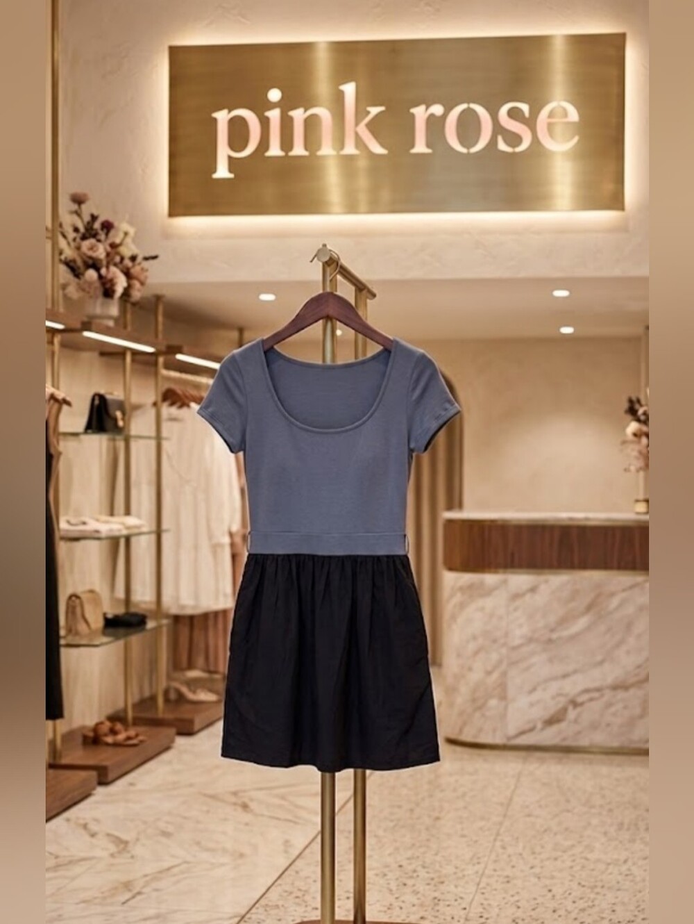 Pink Rose Two-Tone Rayon Skater Dress - Dusty Blue & Black - Size Medium - GUC